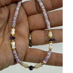 Handcrafted Hawaii Purple Shell Flower Amethyst Beaded Necklace 14" vtg